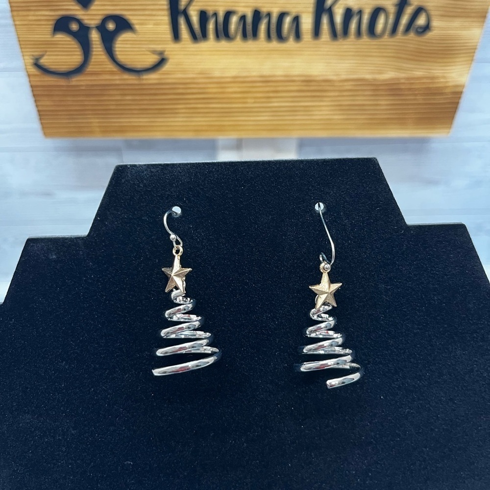 Silver Tone Christmas Tree Spiral Gold Star Earrings